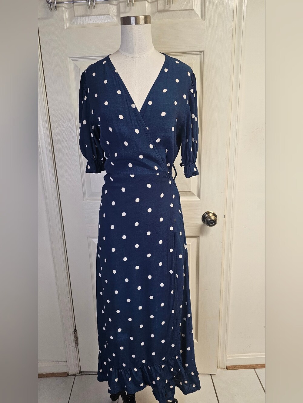 Faithfull the Brand Navy and White Polka Dot Wrap Madi Dress Size 4